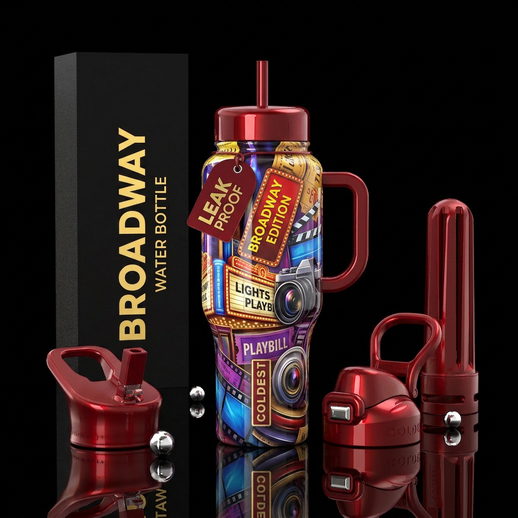Lights camera action, broadway bottle, rolls,gloss... water bottle design