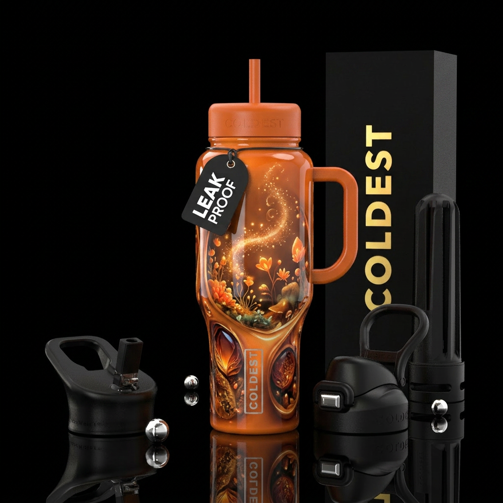 Enchanted orange,glossy, trompe-l'œil water bottle design