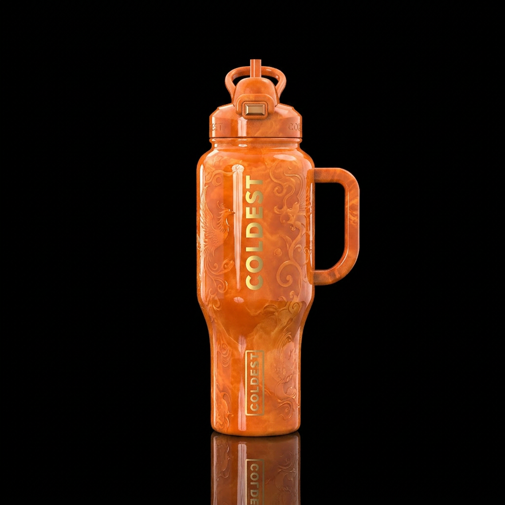 Enchanted orange,glossy, trompe-l'œil water bottle design