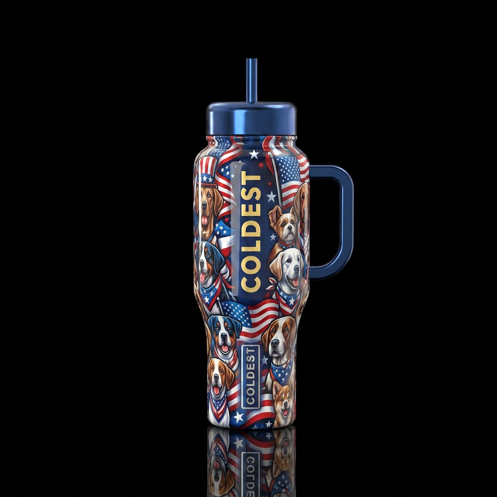 Patriotic pups,glossy, trompe-l'œil water bottle design