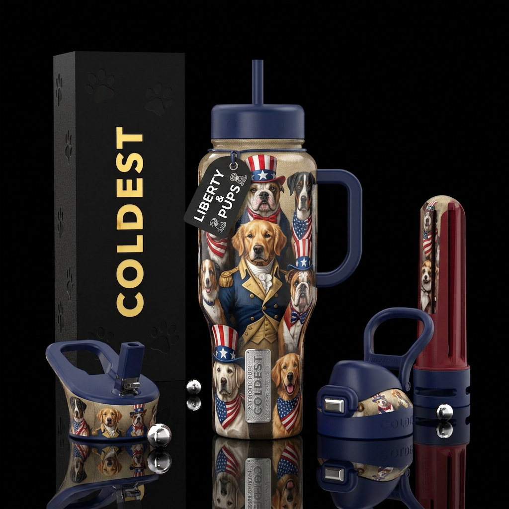 Patriotic pups,glossy, trompe-l'œil water bottle design