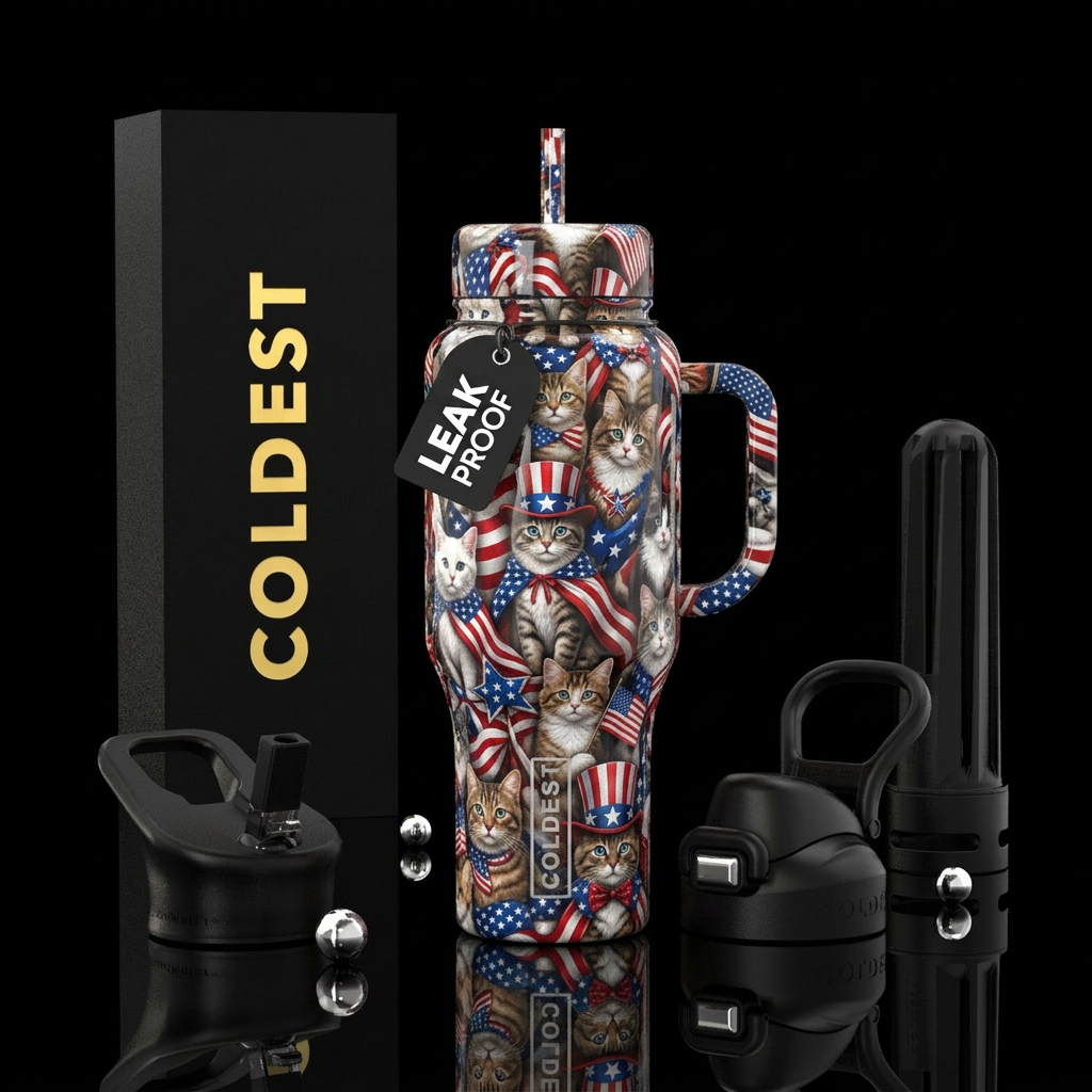 Patriotic cats,glossy, trompe-l'œil water bottle design