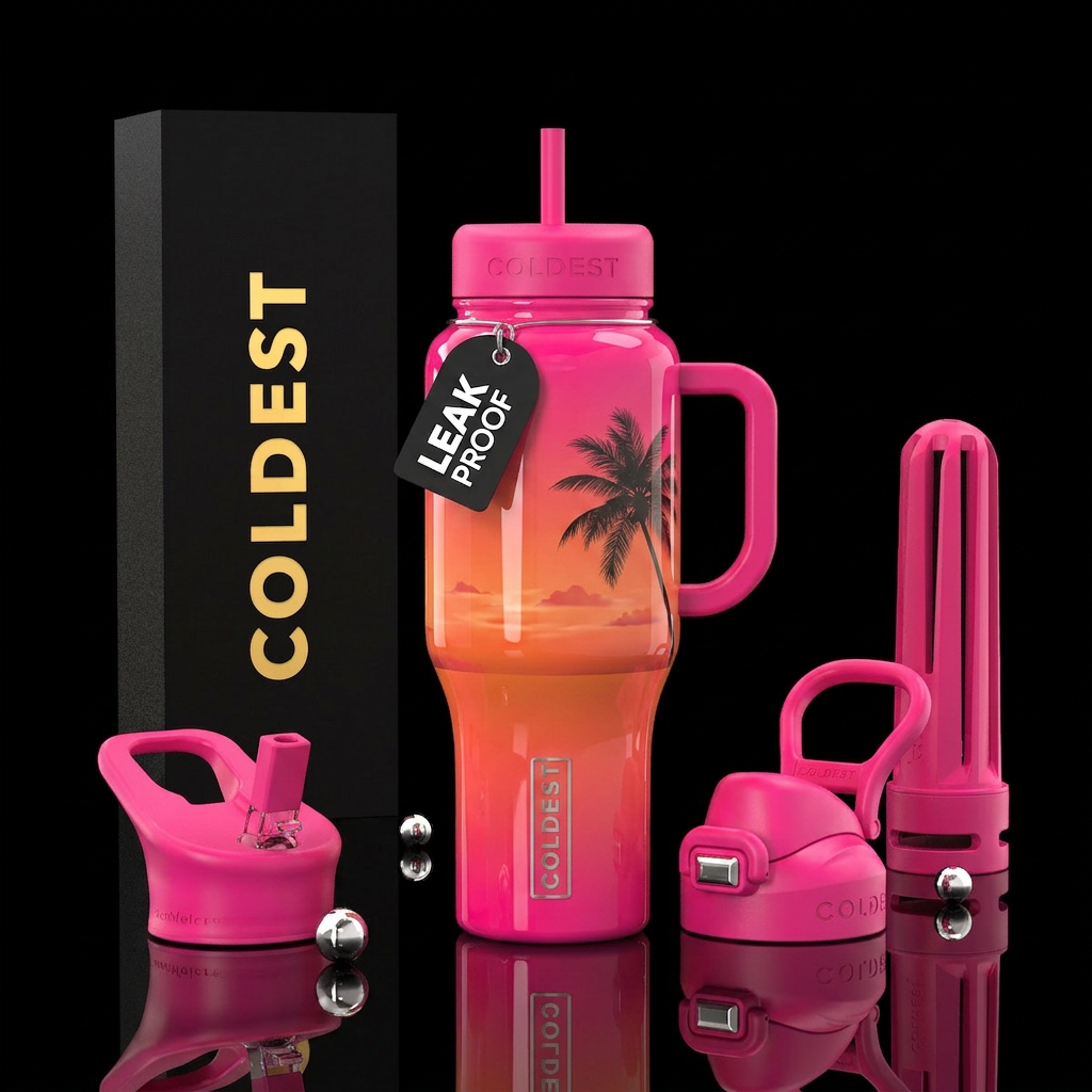 Hot pink to orange sunset,glossy,trompe-l'œil water bottle design