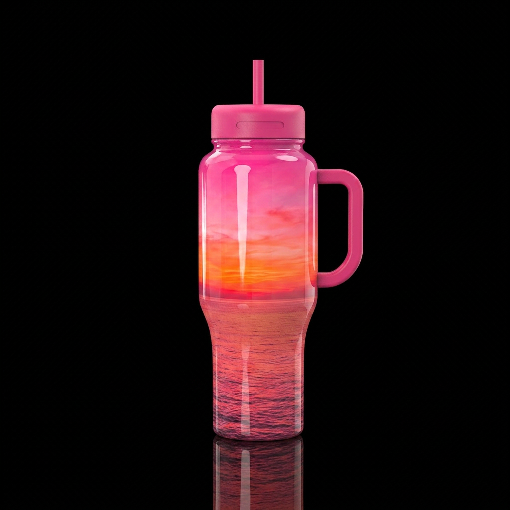 Hot pink to orange sunset, over ocean,glossy,tromp... water bottle design