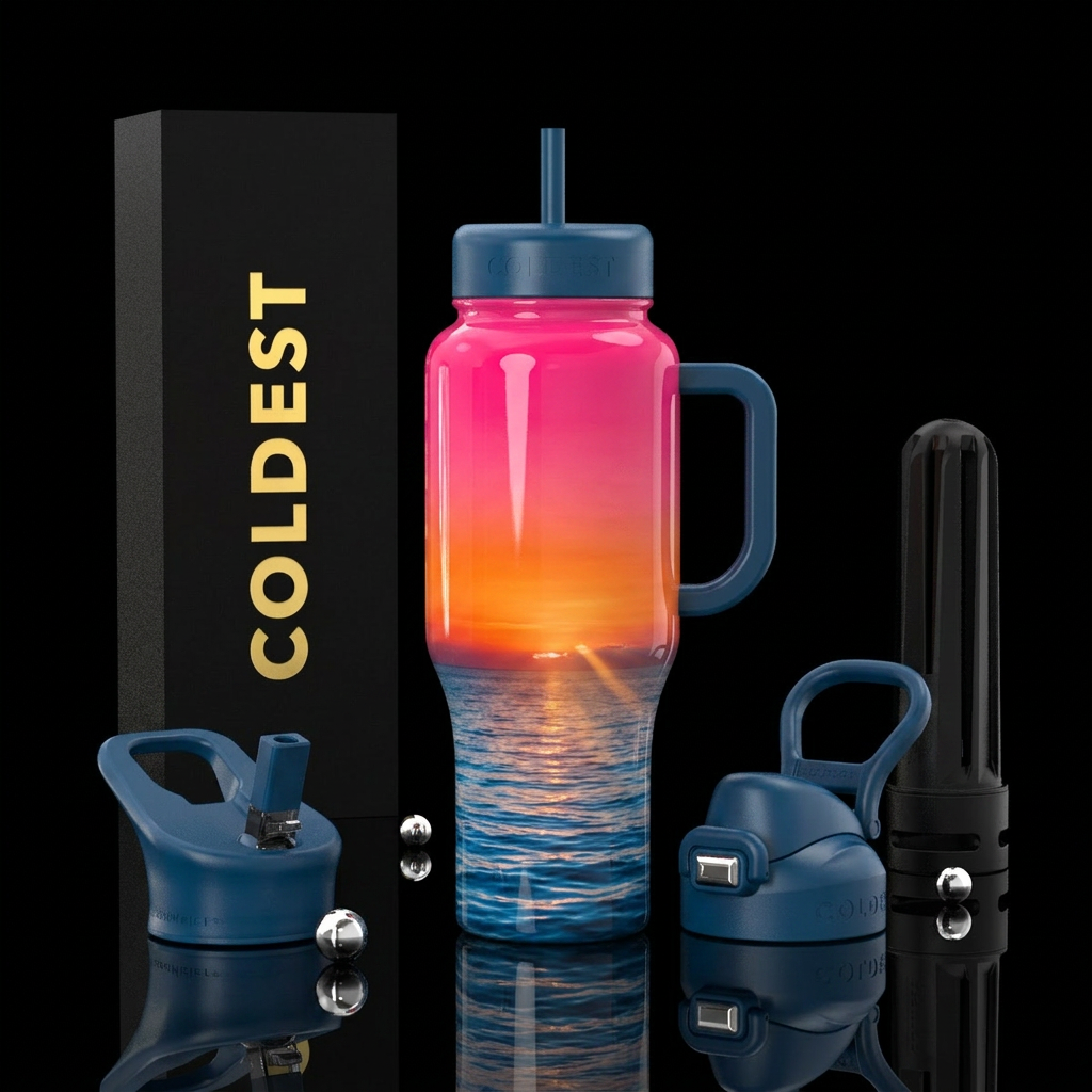 Hot pink to orange sunset, over ocean blue water,g... water bottle design
