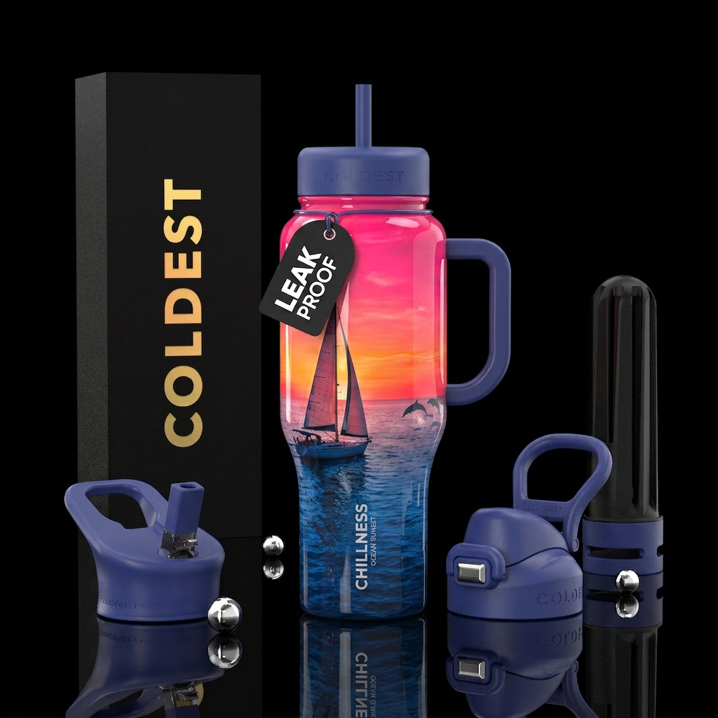 Hot pink to orange sunset, over ocean blue water,a... water bottle design
