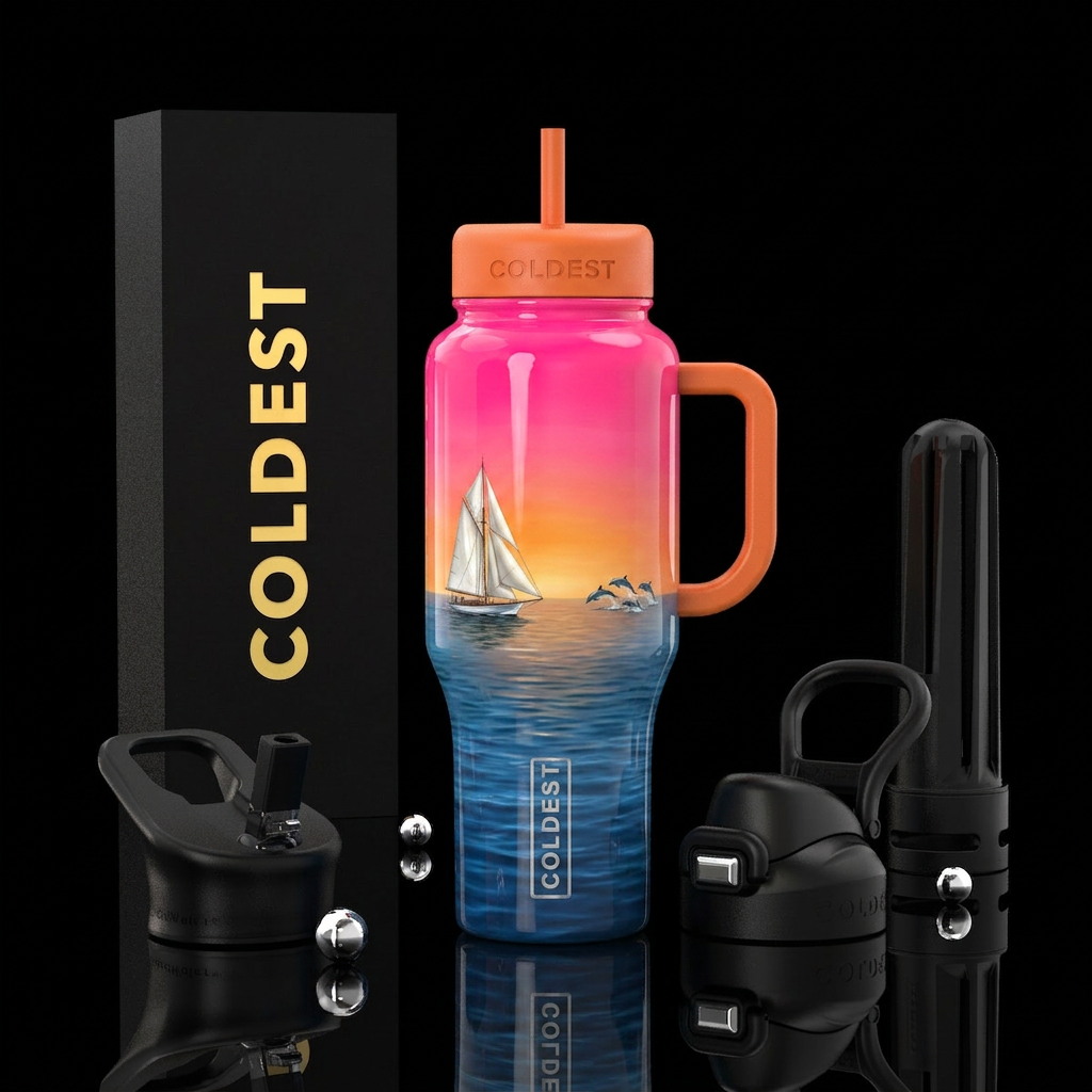 Hot pink to orange sunset, over ocean blue water,a... water bottle design