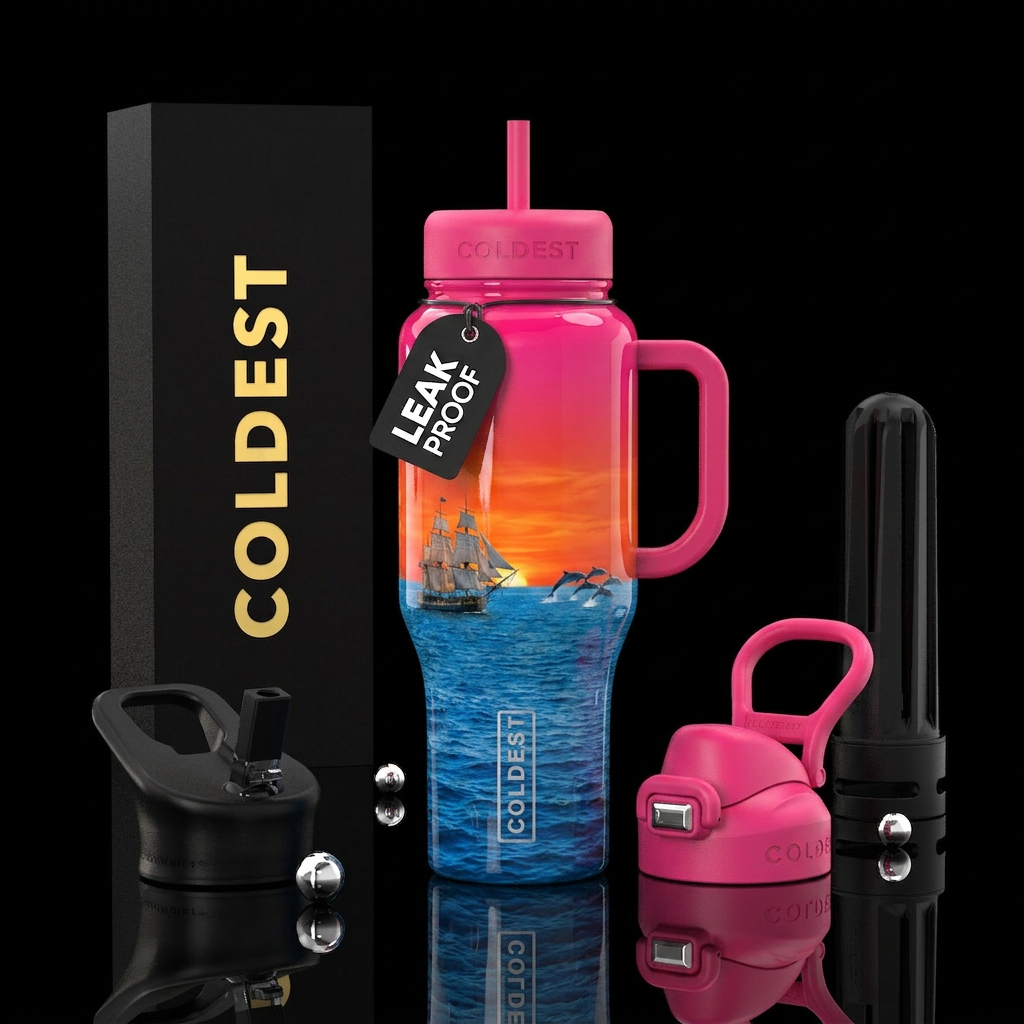 Hot pink to orange sunset, over ocean blue water,a... water bottle design