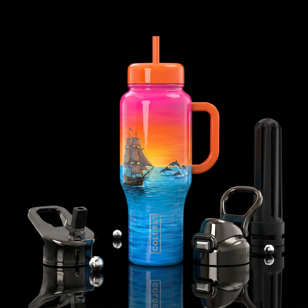 Hot pink to orange sunset, over ocean blue water,a... water bottle design