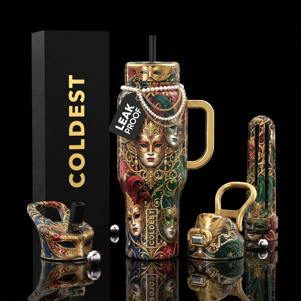 Gilded age masquerade, glossy, trompe-l'œil, allur... water bottle design
