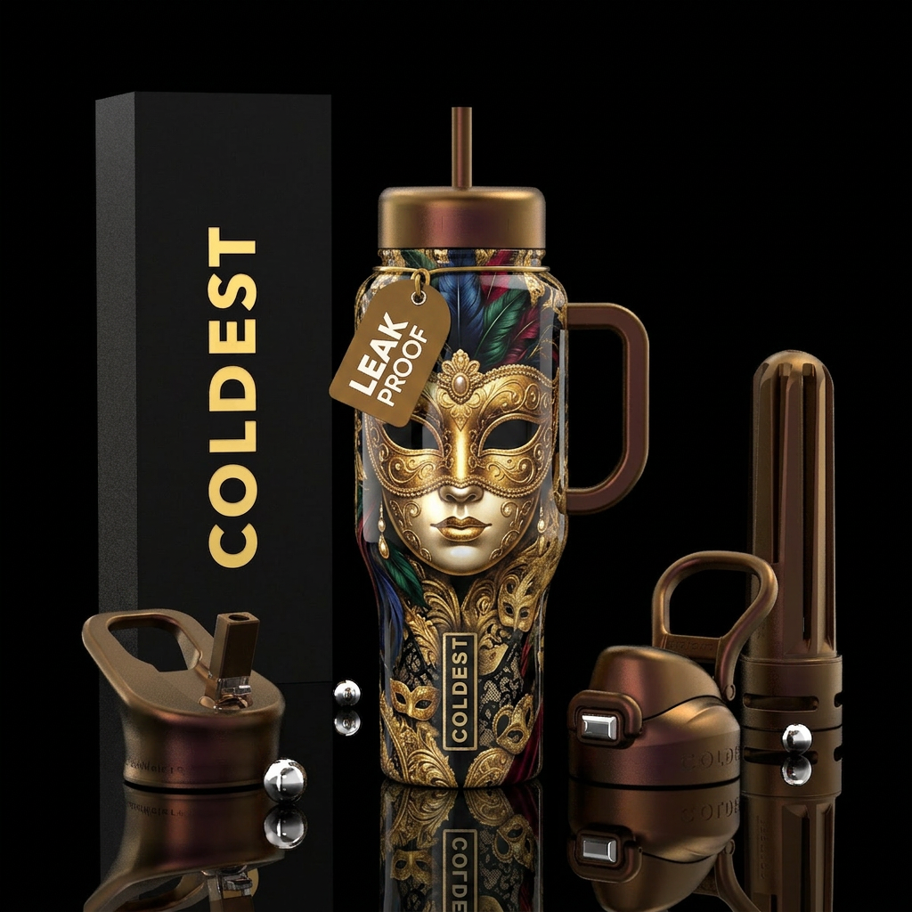 Gilded age masquerade, glossy, trompe-l'œil, allur... water bottle design