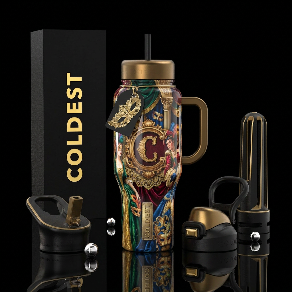 Gilded age masquerade, glossy, trompe-l'œil, allur... water bottle design