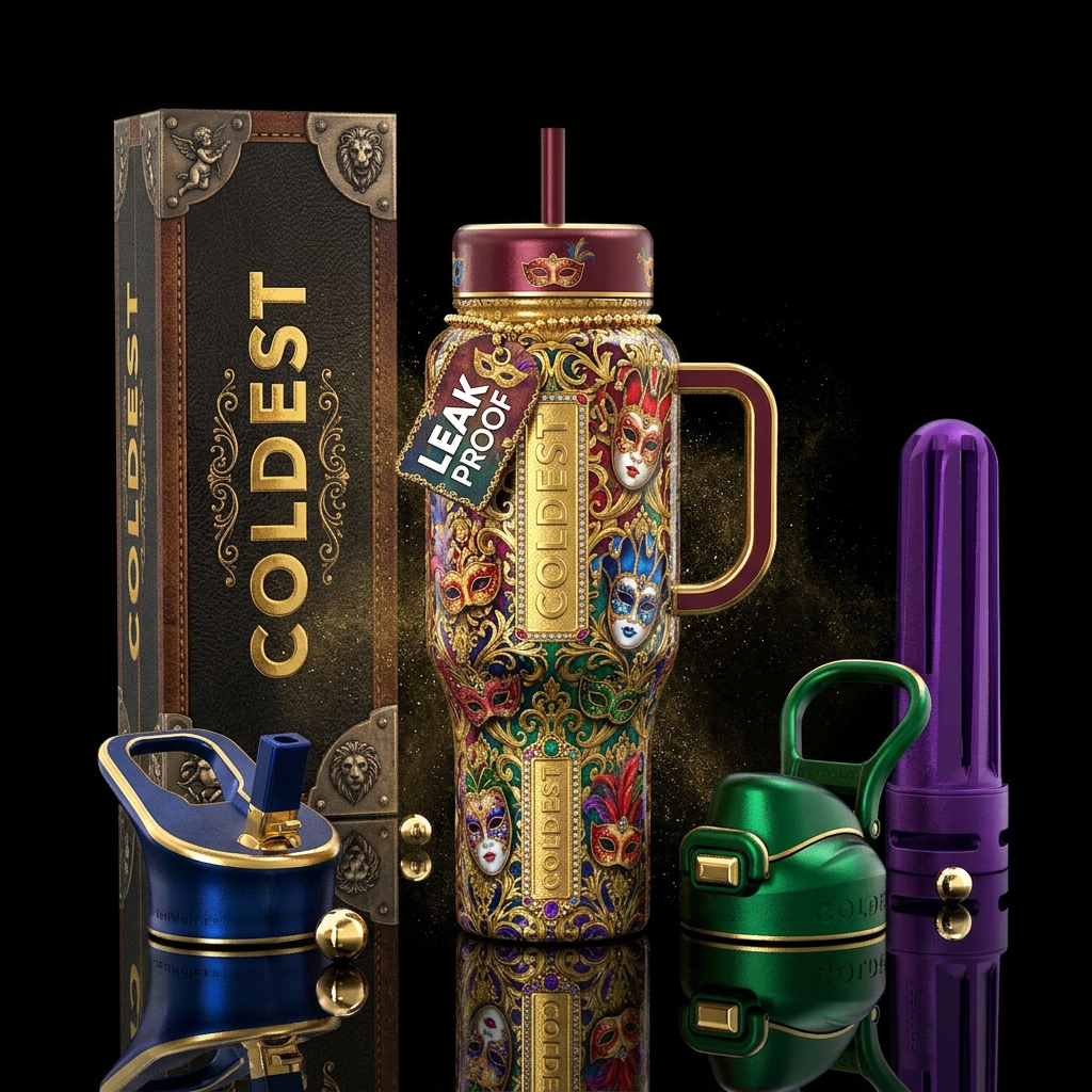 Gilded age masquerade, glossy, trompe-l'œil, allur... water bottle design