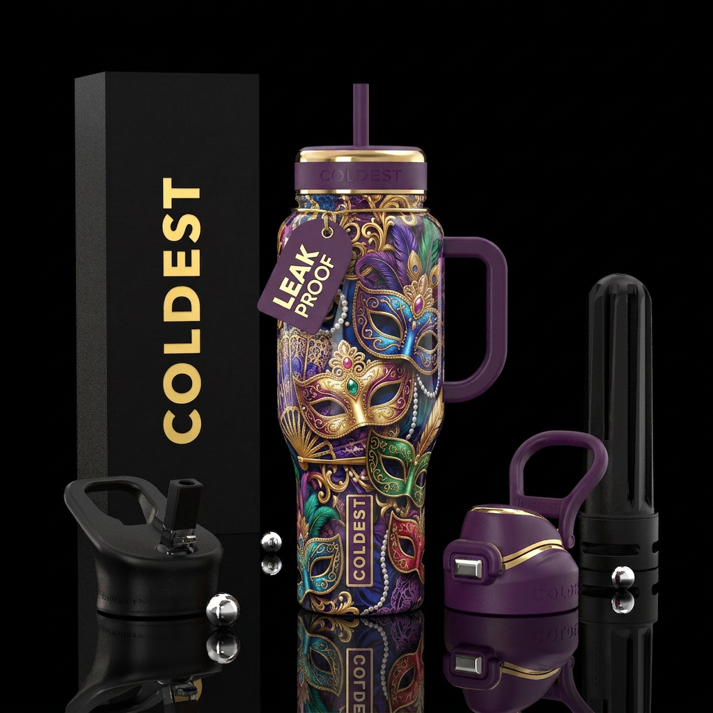 Gilded age masquerade, glossy, trompe-l'œil, allur... water bottle design