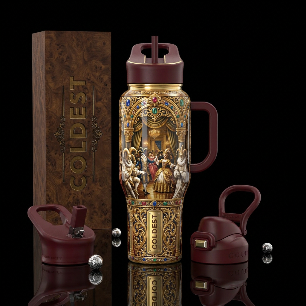 Gilded age masquerade, glossy, trompe-l'œil, allur... water bottle design