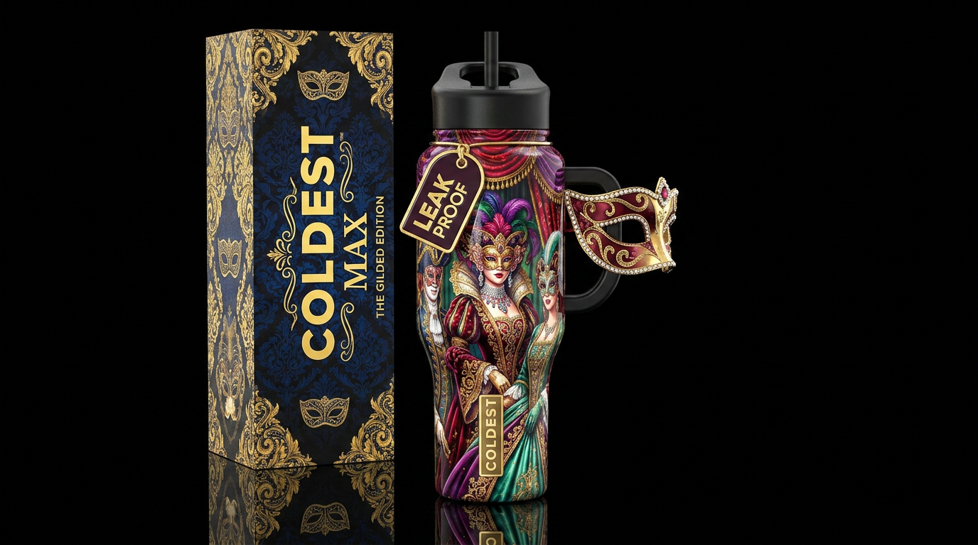 Gilded age masquerade, glossy, trompe-l'œil, allur... water bottle design