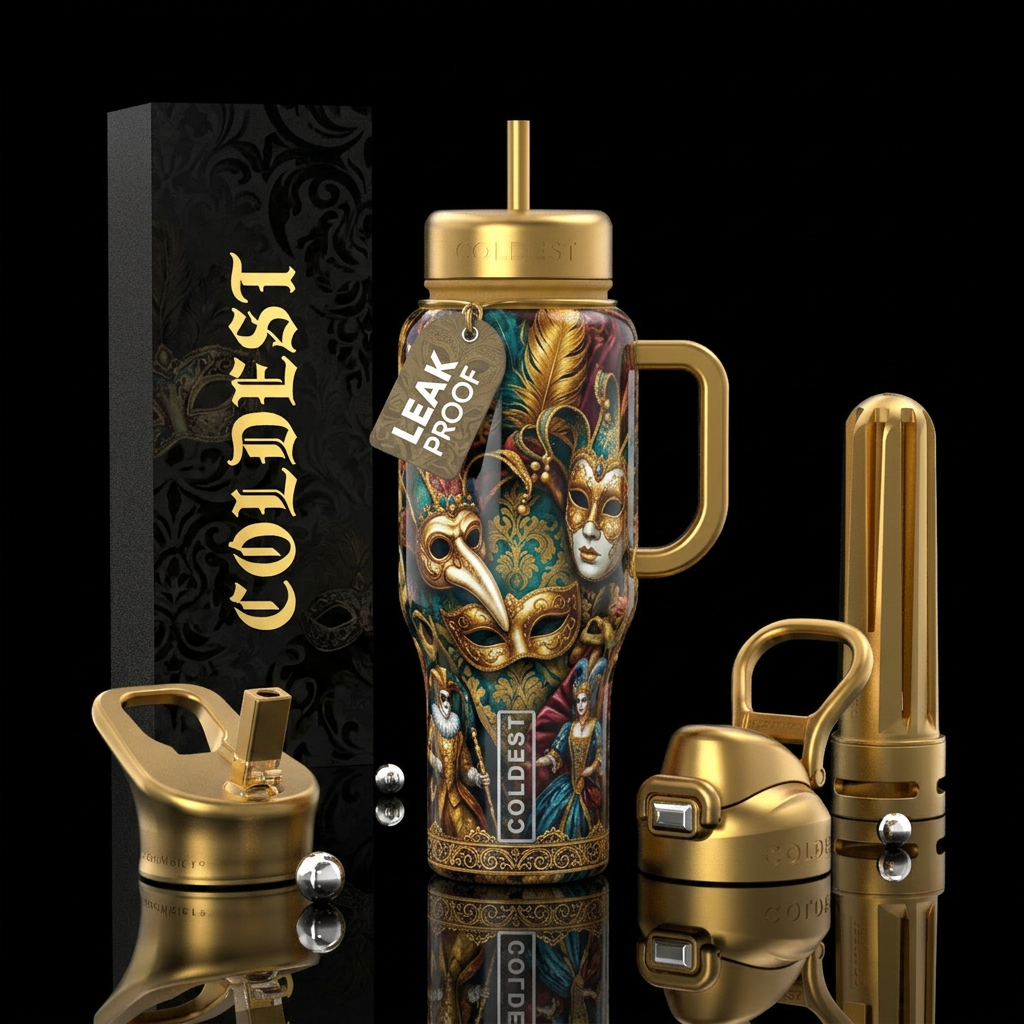 Gilded age masquerade, glossy, trompe-l'œil, allur... water bottle design