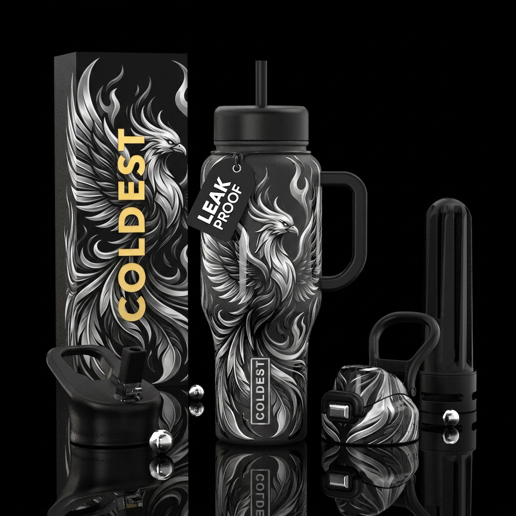 Silver and black firebird, glossy, trompe-l'œil water bottle design