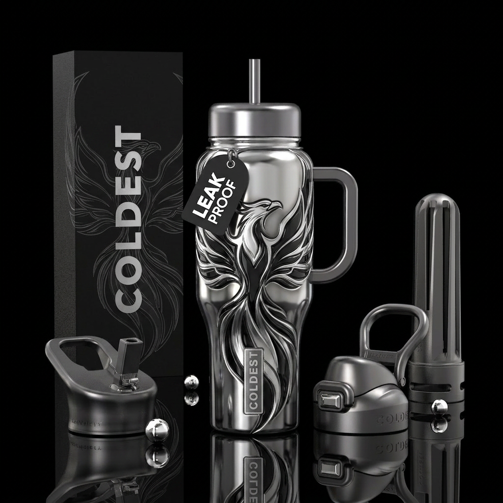 Silver and black firebird, glossy, trompe-l'œil water bottle design