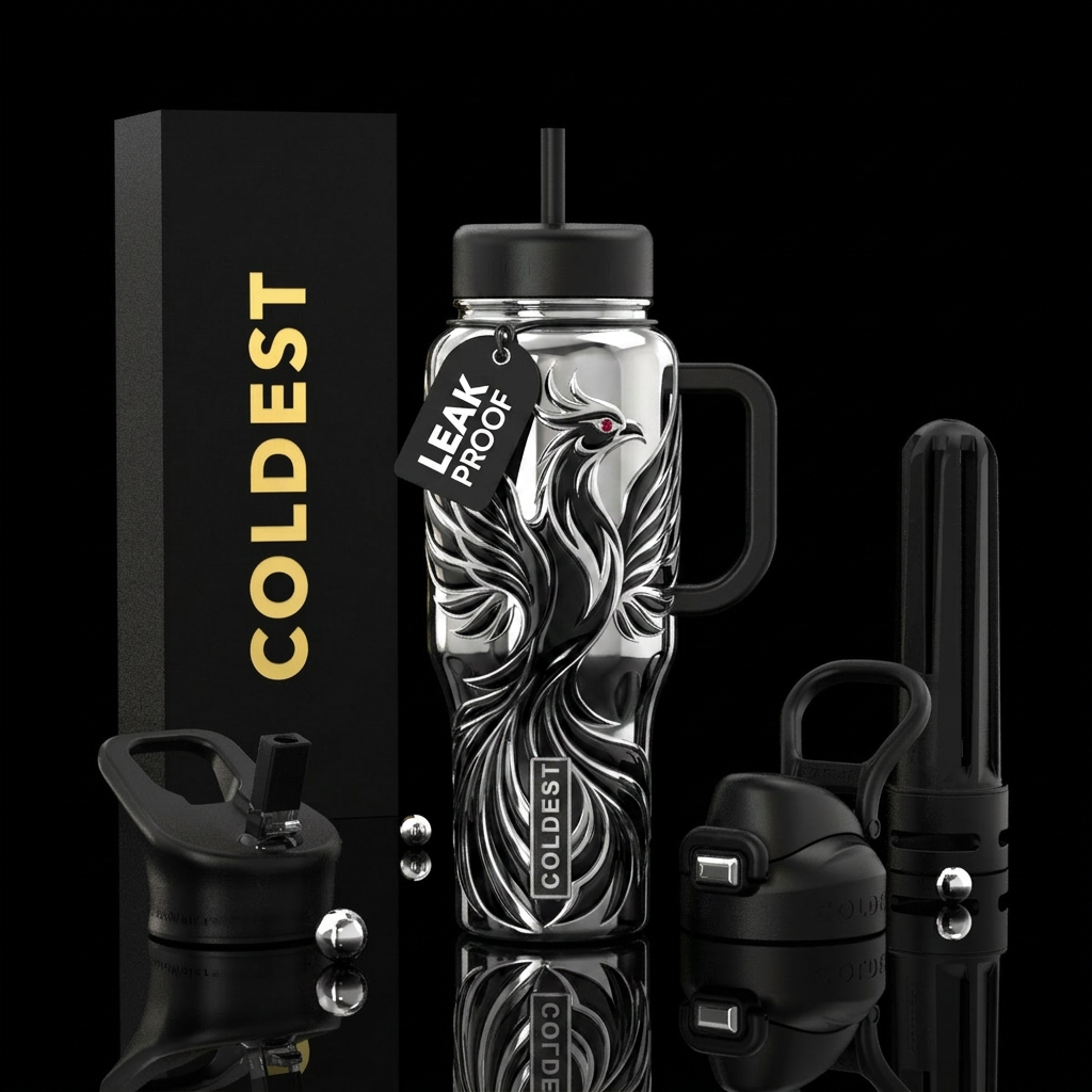 Silver and black firebird, glossy, trompe-l'œil water bottle design