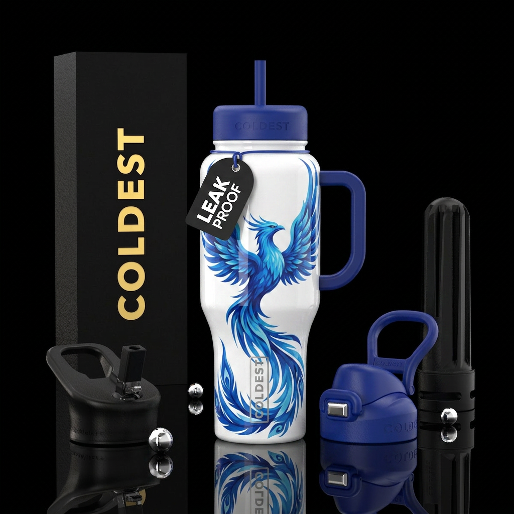 white background different hues of blue firebird, ... water bottle design