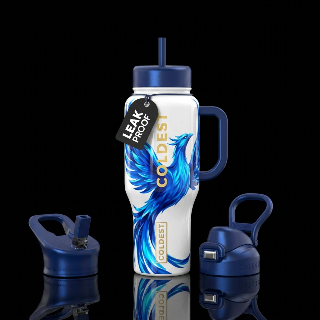 white background different hues of blue firebird, ... water bottle design