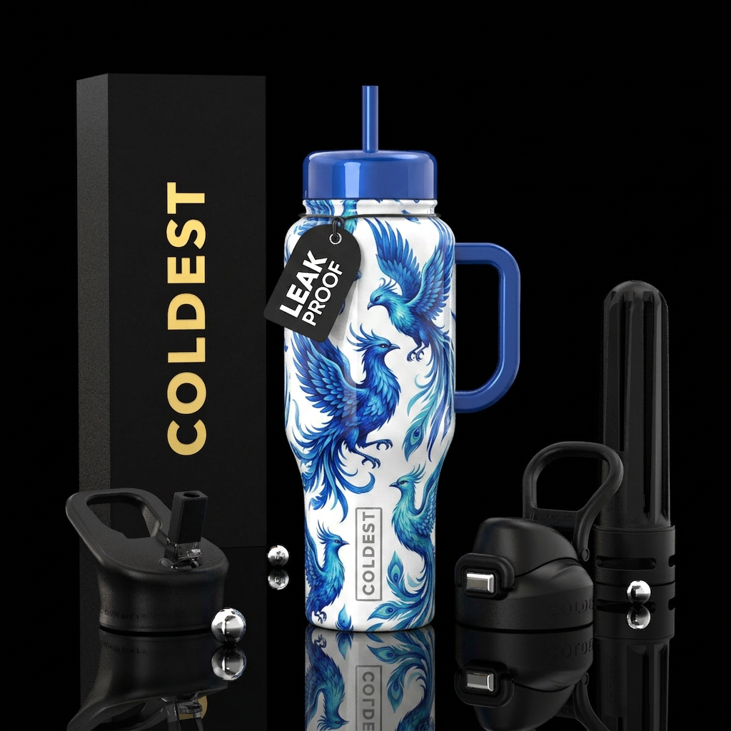white background different hues of blue firebird, ... water bottle design