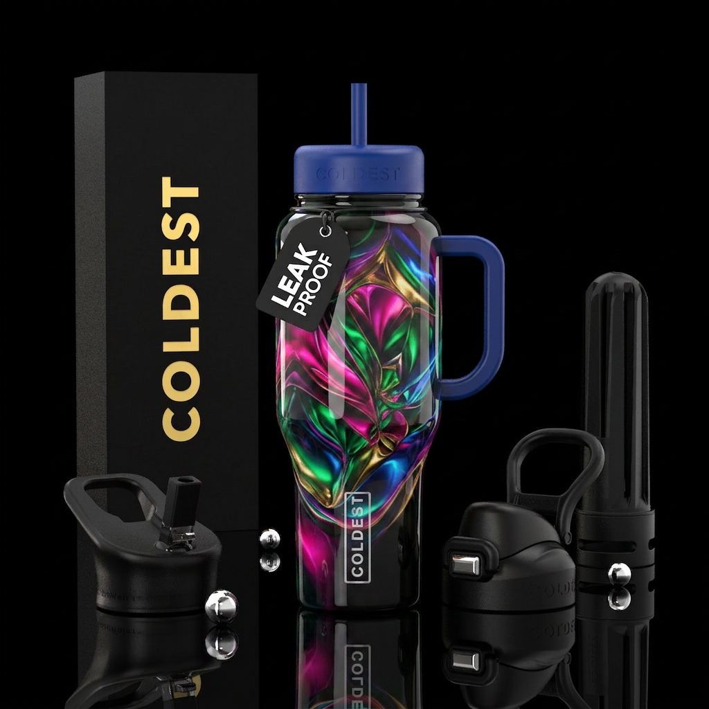 extravagant, euphoric,glossy,trompe-l'œil water bottle design
