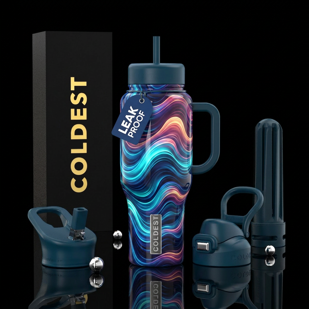 vibrant, waves,glossy, glowie, trompe-l'œil water bottle design