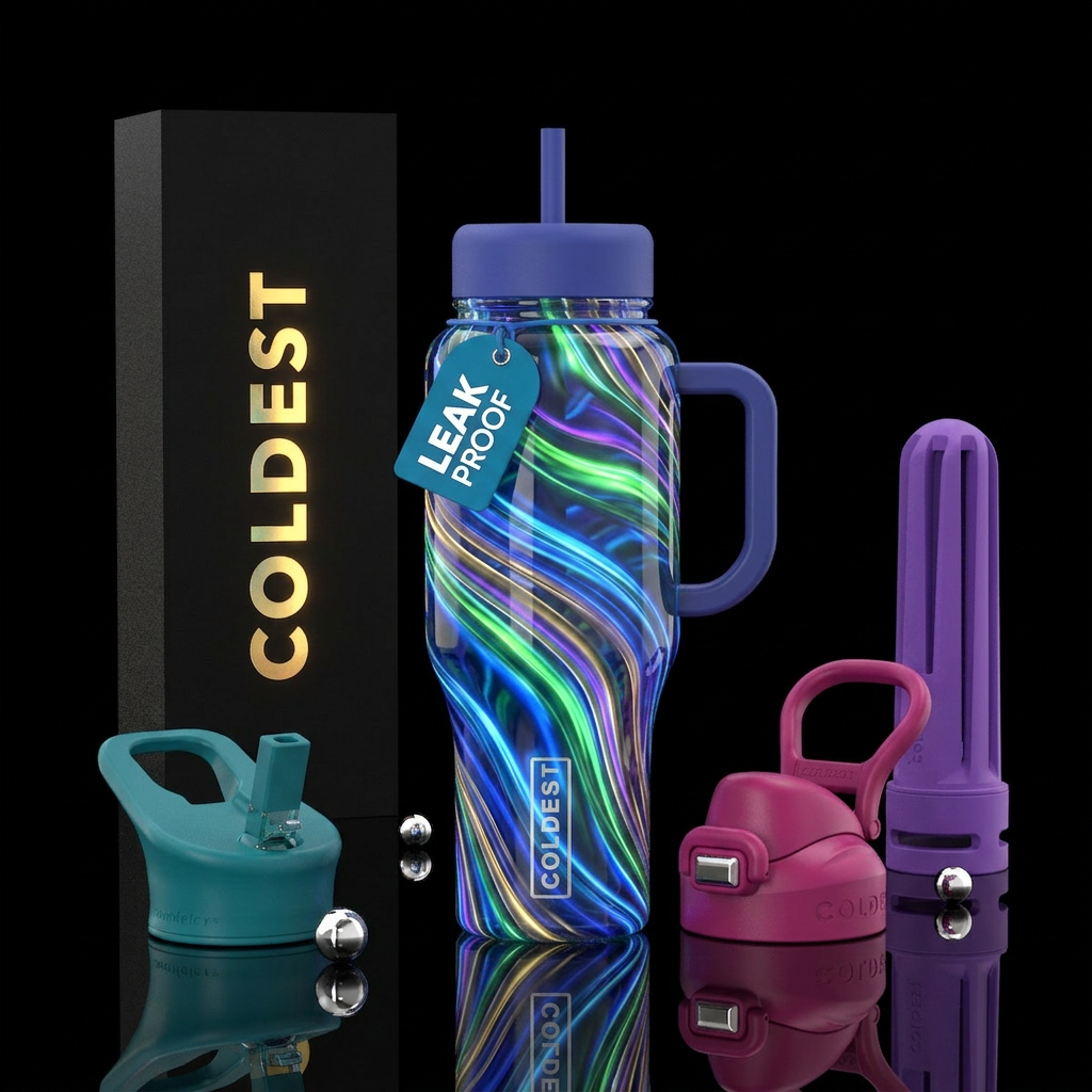 vibrant, waves,glossy, glowie, trompe-l'œil water bottle design