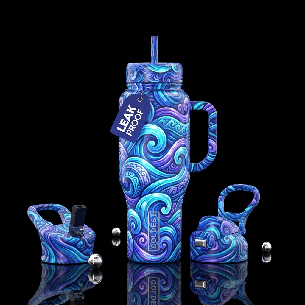 vibrant, waves,glossy, glowie, trompe-l'œil, tranq... water bottle design