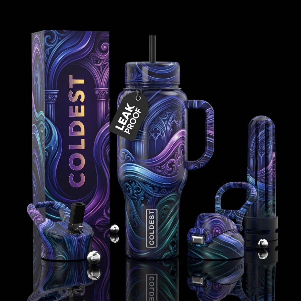 vibrant, waves,glossy, glowie, trompe-l'œil, tranq... water bottle design