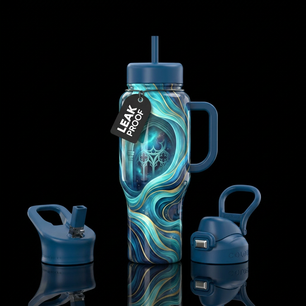 vibrant, waves,glossy, glowie, trompe-l'œil, tranq... water bottle design