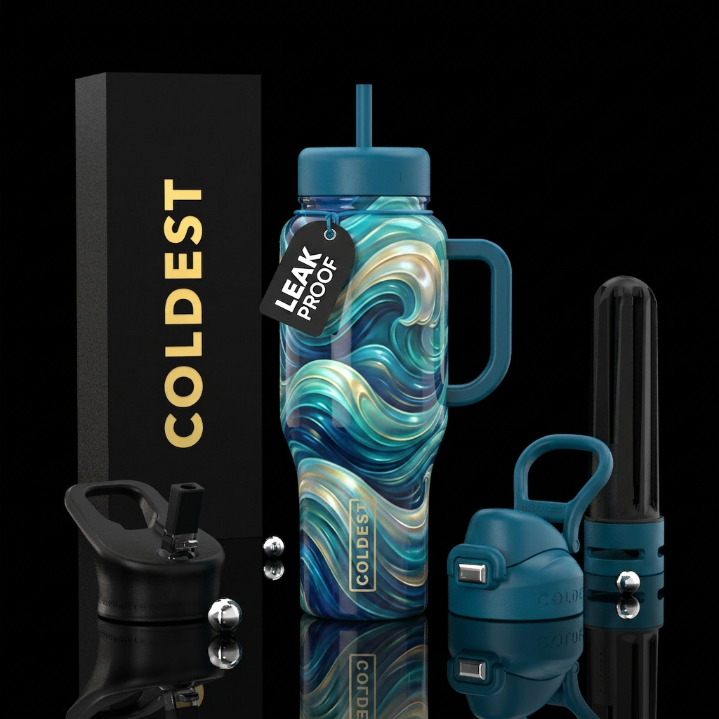 vibrant, waves,glossy, glowie, trompe-l'œil, tranq... water bottle design