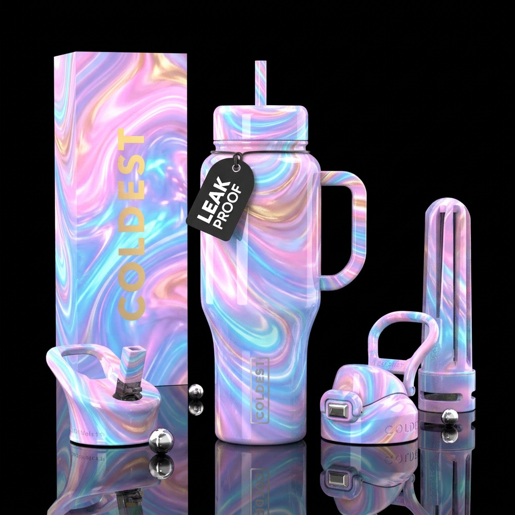 vibrant,cotton candy  waves,glossy, glowie, trompe... water bottle design
