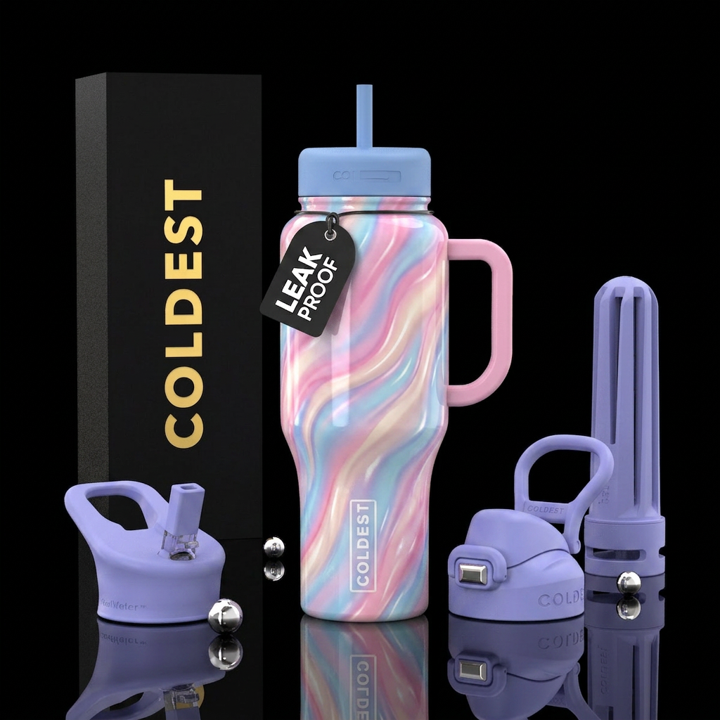 vibrant,cotton candy  wavy,glossy, glowie, trompe-... water bottle design