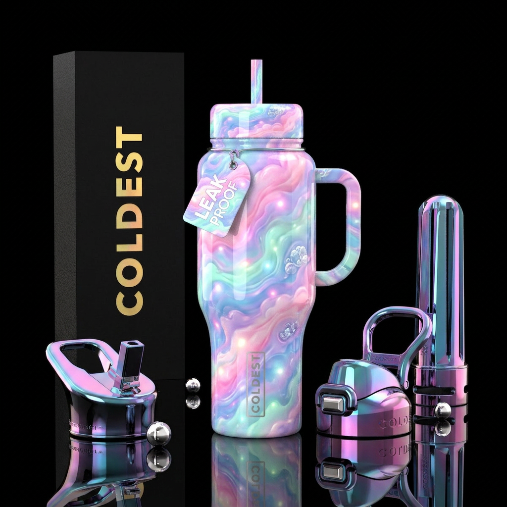vibrant,cotton candy  abstract,glossy, glowie, tro... water bottle design