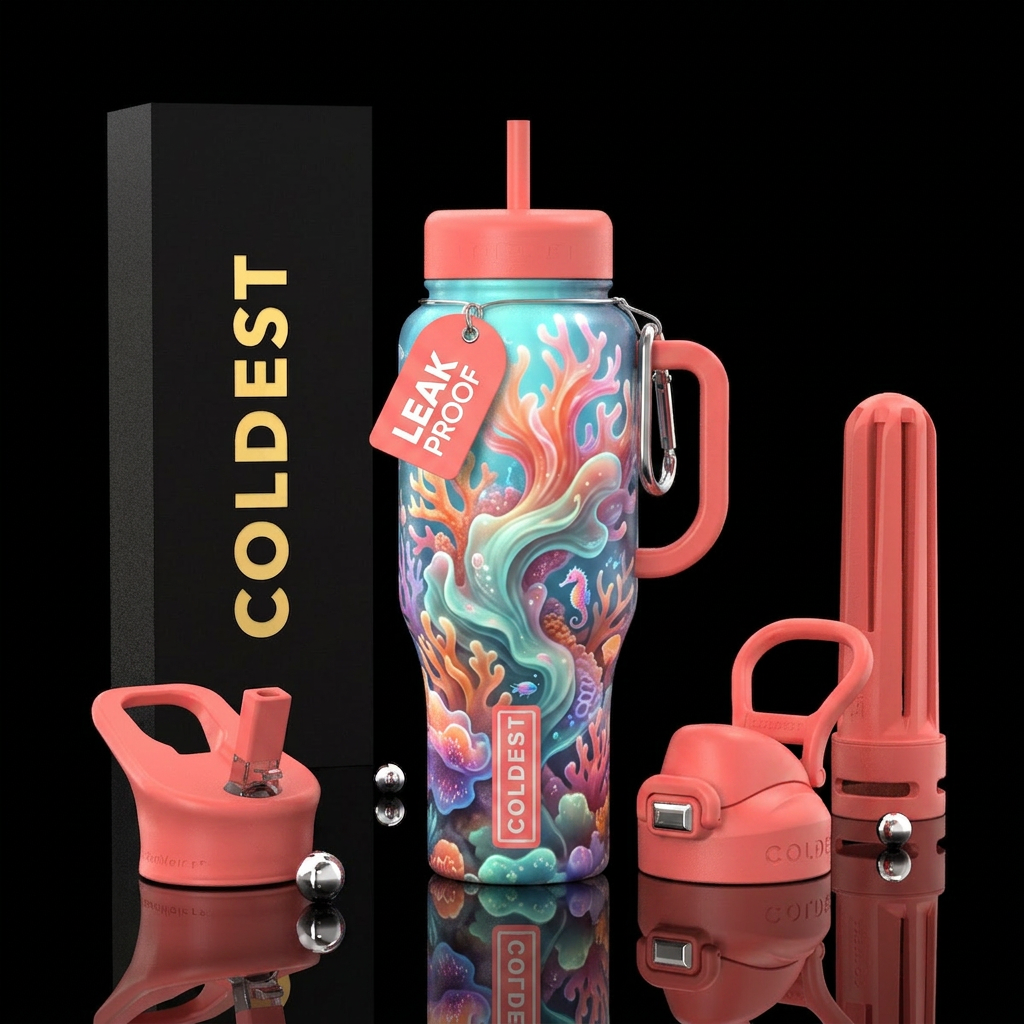 vibrant,cotton candy  corals abstract,glossy, glow... water bottle design