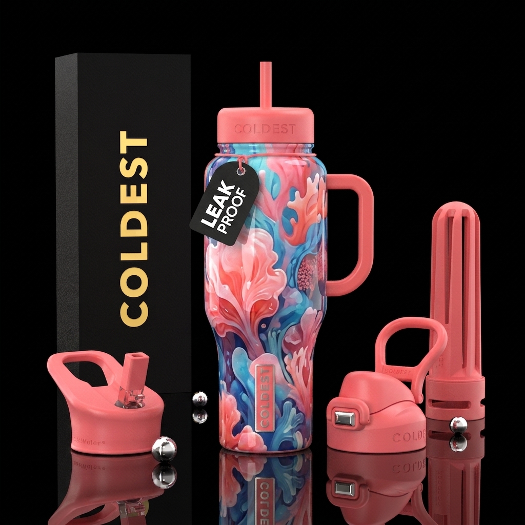 vibrant,cotton candy  corals abstract,glossy, glow... water bottle design