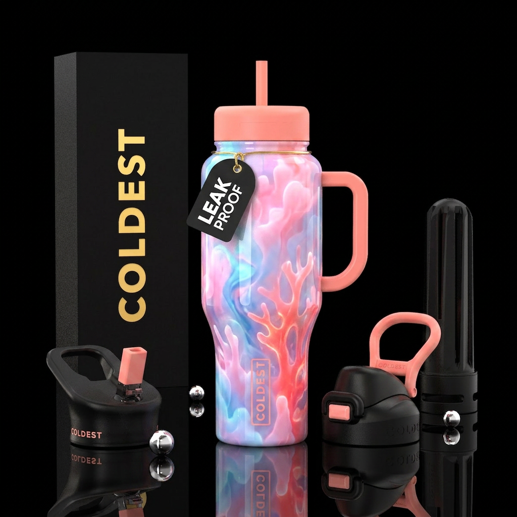 vibrant,cotton candy  corals abstract,glossy, glow... water bottle design