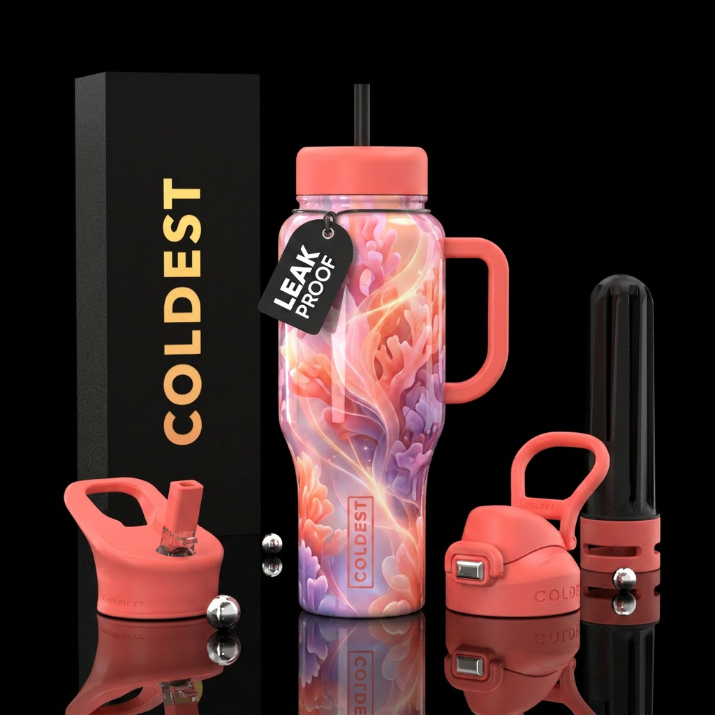 vibrant,cotton candy  corals abstract,glossy, glow... water bottle design