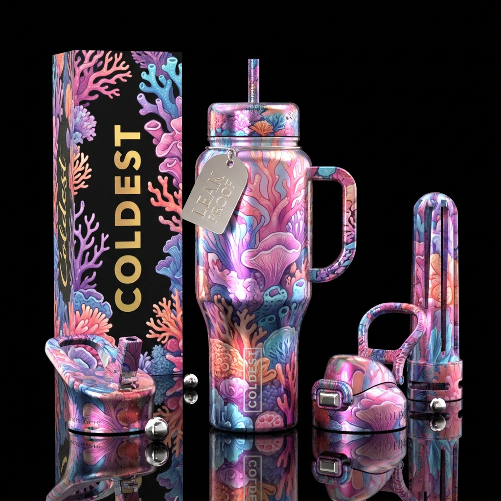 vibrant,cotton candy  corals abstract,glossy, glow... water bottle design