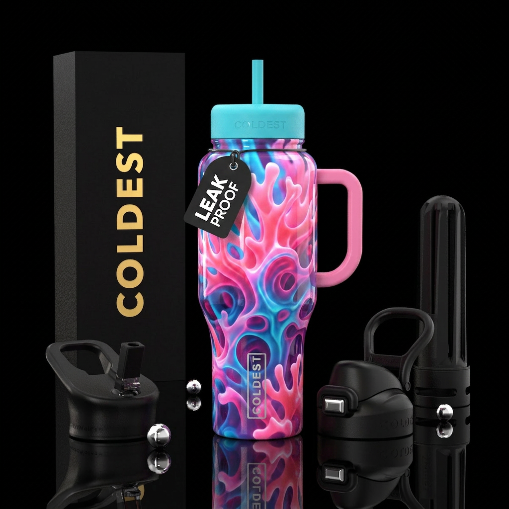 vibrant,cotton candy  corals abstract,glossy, glow... water bottle design
