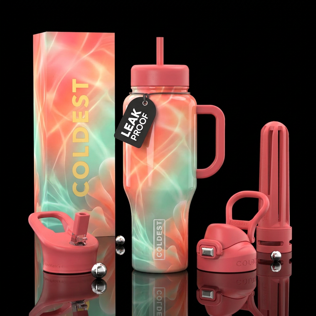 vibrant,cotton candy  corals abstract,glossy, glow... water bottle design