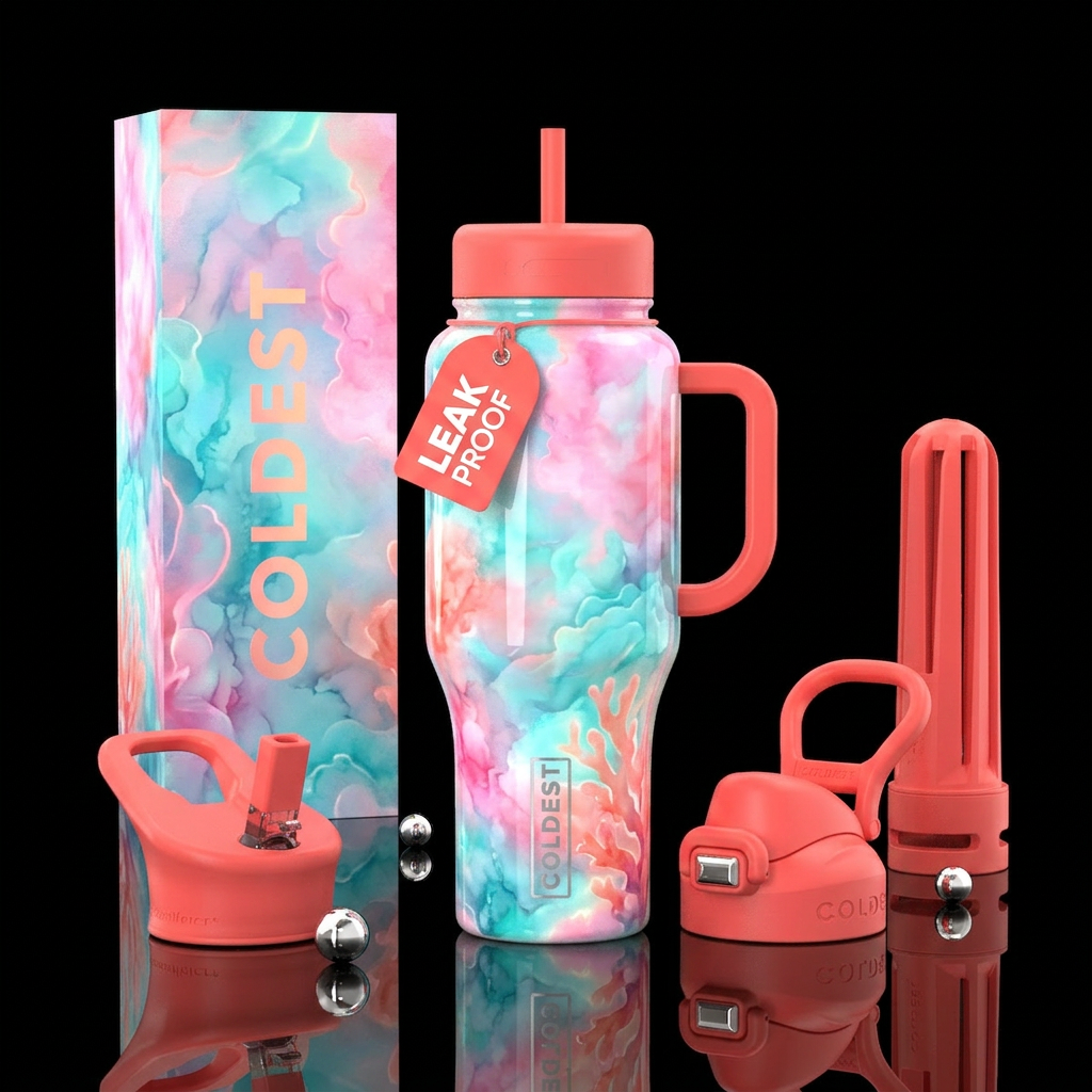 vibrant,cotton candy  corals abstract,glossy, glow... water bottle design