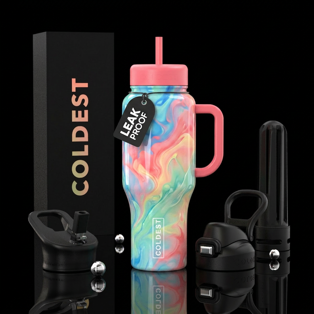 vibrant,cotton candy  corals abstract,glossy, glow... water bottle design