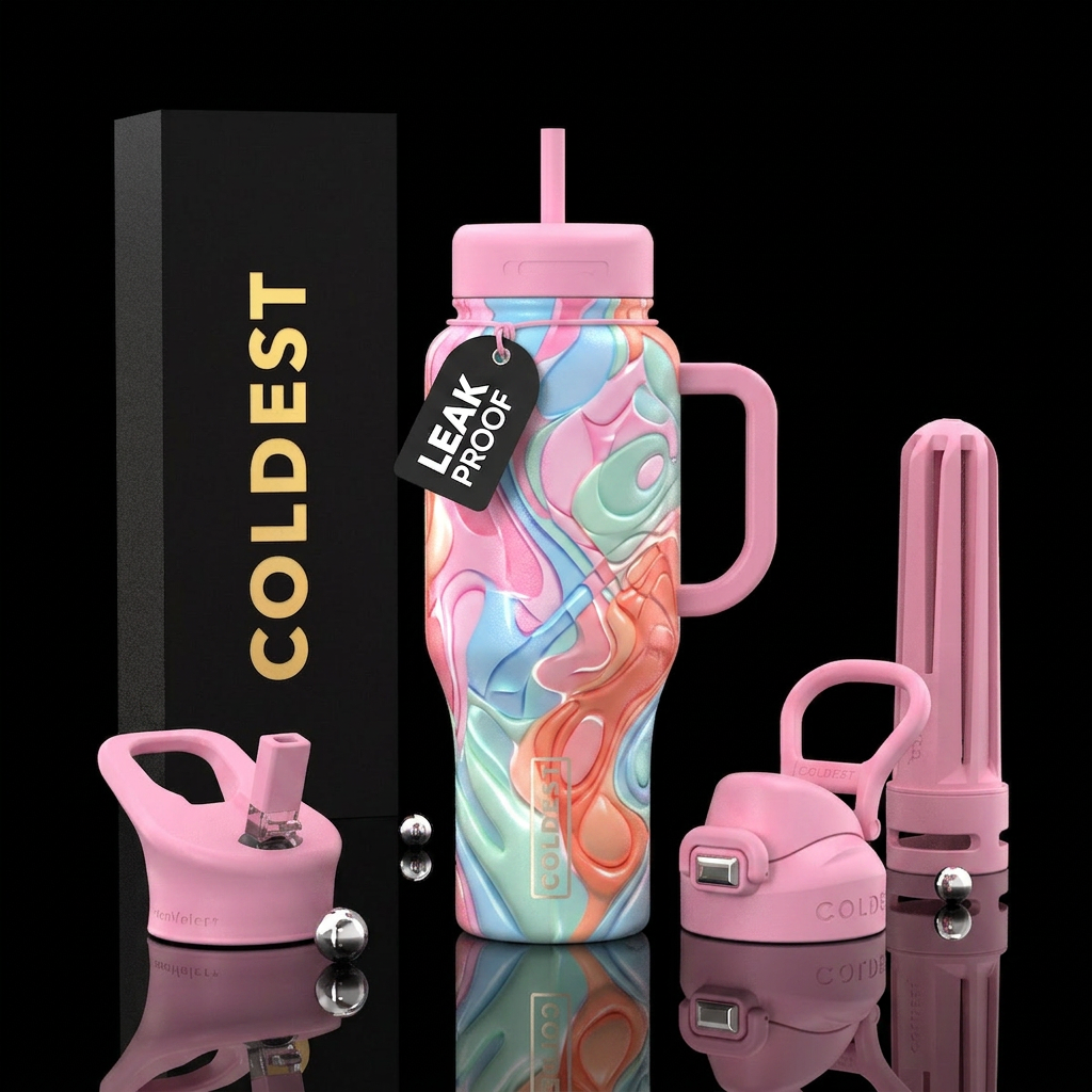 vibrant,cotton candy  corals abstract,glossy, glow... water bottle design