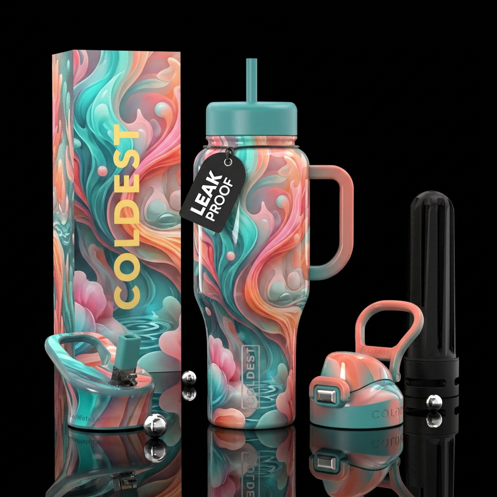 vibrant,cotton candy  corals abstract,glossy, glow... water bottle design
