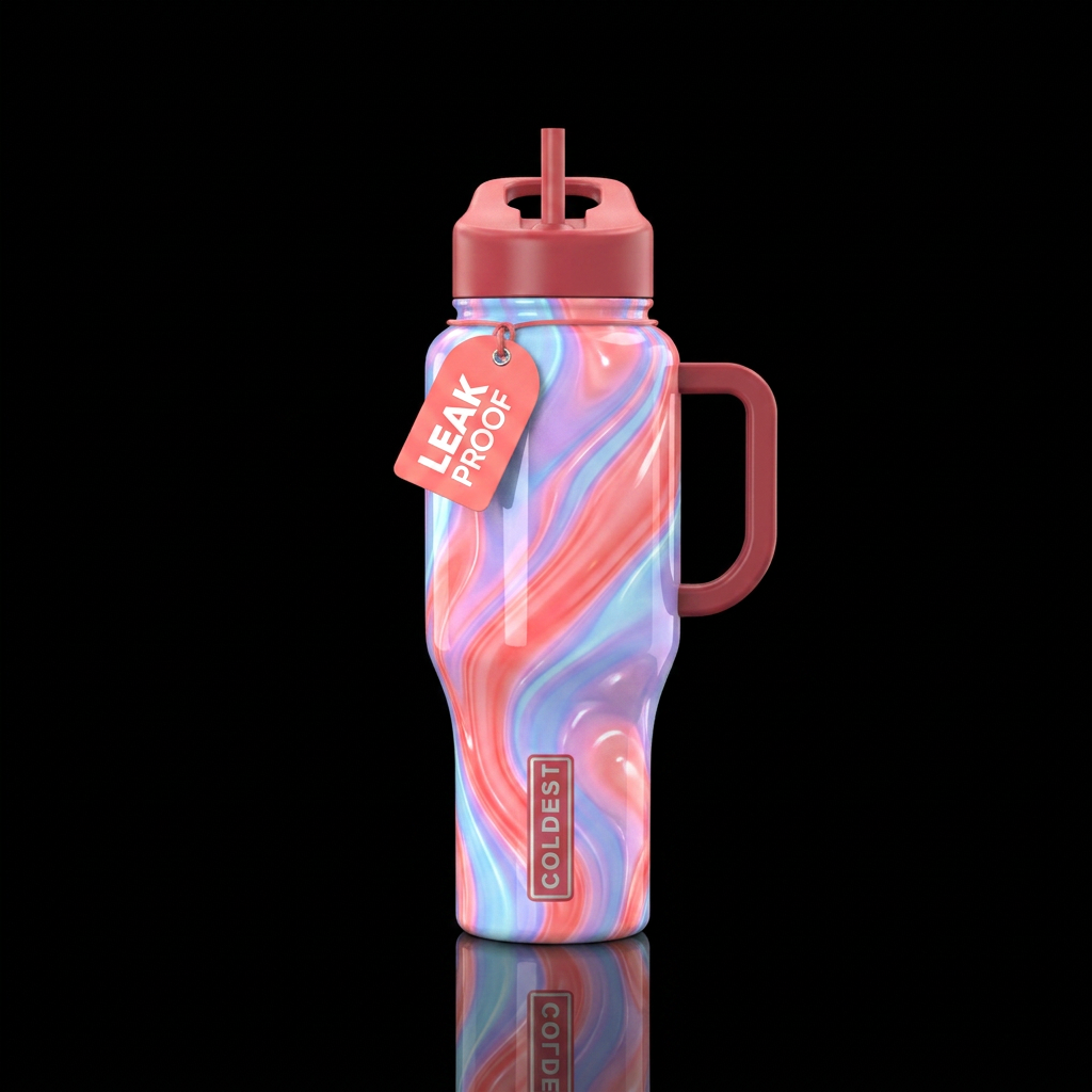 vibrant,cotton candy  corals abstract,glossy, glow... water bottle design