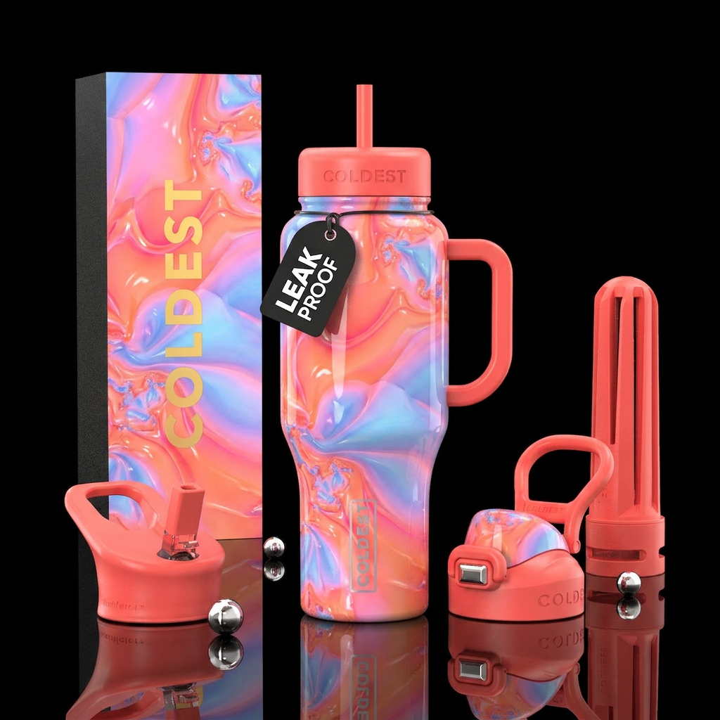 vibrant,cotton candy  corals abstract,glossy, glow... water bottle design